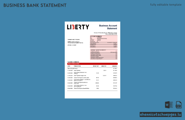 Liberty Bank Organisation Kontoauszug (Word- und PDF-Format, Beispielvorschau)